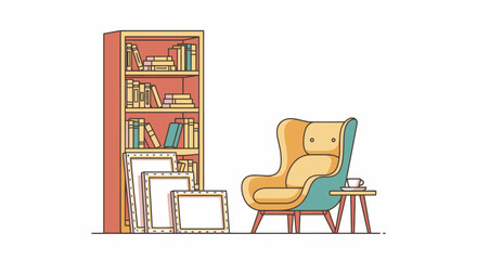 Fototapeta premium Cozy reading nook with a bookshelf, comfortable armchair, and side table.