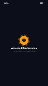 Advanced configuration loading screen on mobile application after captcha verification showing gear icon turning on dark theme user interface design