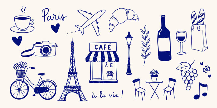 Parisian doodles of a bicycle Eiffel Tower cafe croissant wine and travel elements on a cream background