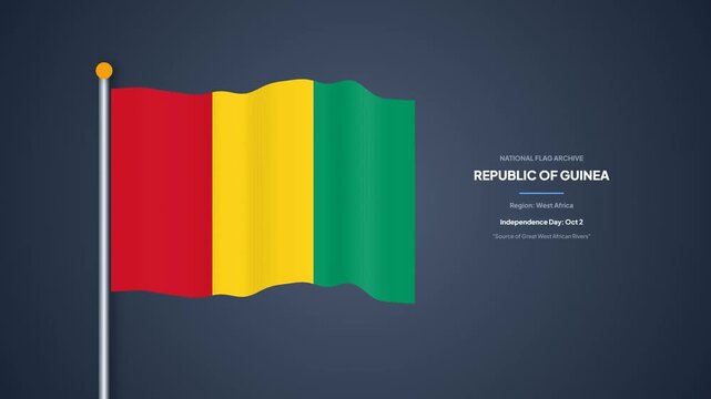 Guinea flag waving on flagpole loopable animation for independence day or national celebration background