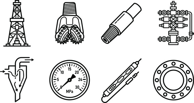 Oil and Gas Drilling Engineering Equipment Icon Set featuring Derrick Drill Bit Blowout Preventer Pressure Gauge Flange Vector