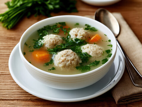 Hearty soup with meatballs carrot parsley clear broth white bowl wooden table comforting meal homemade style