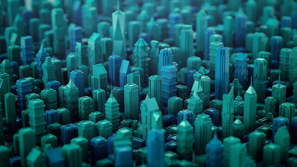 Obraz premium Abstract futuristic city skyline with glowing tall buildings and skyscrapers