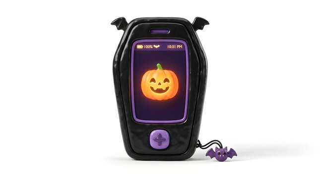 Cute Coffin Shaped Halloween Toy Mobile Phone with Jack-O'-Lantern Pumpkin on Screen Isolated on White Background