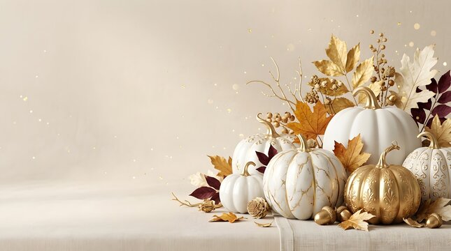 Elegant White and Gold Autumn Pumpkin Background with Metallic Leaves and Copy Space for Thanksgiving Decoration