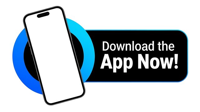 Mobile app promotion, smartphone advertisement, download now button, app store marketing, white background