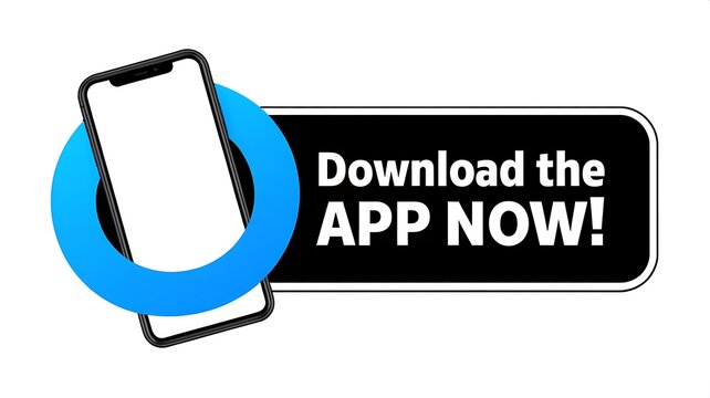 Mobile app promotion, download now button, smartphone icon, blue circle