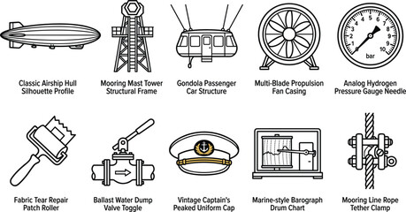 Vintage Airship Steampunk Zeppelin Elements and Dirigible Maintenance Equipment Line Icon Set for Aviation History Logos and Structural Engineering © Sahina