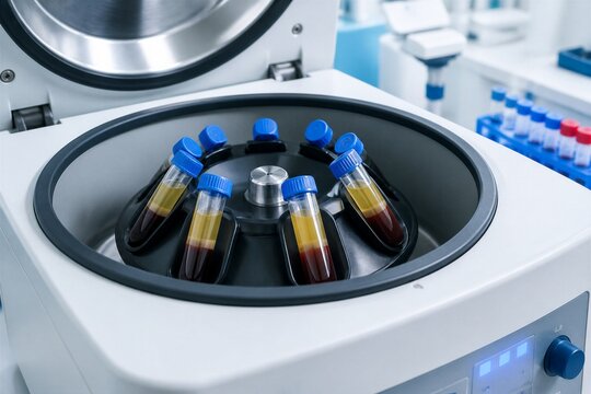 Blood samples are placed in a centrifuge that spins at high speed in a laboratory. This process separates components of the blood for tests.