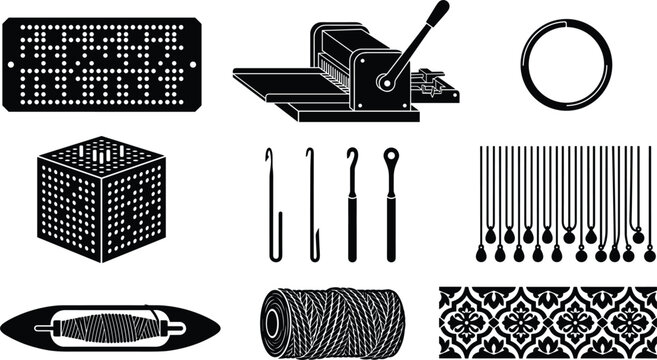 Weaving Loom Jacquard Mechanism and Pattern Card Tools Icon Set with Punch Machine Shuttle Thread and Heddles Silhouette Vectors