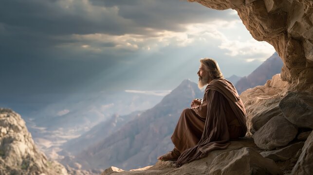 Elijah at the cave on Mount Horeb in the stillness after the storm awaiting God's voice.