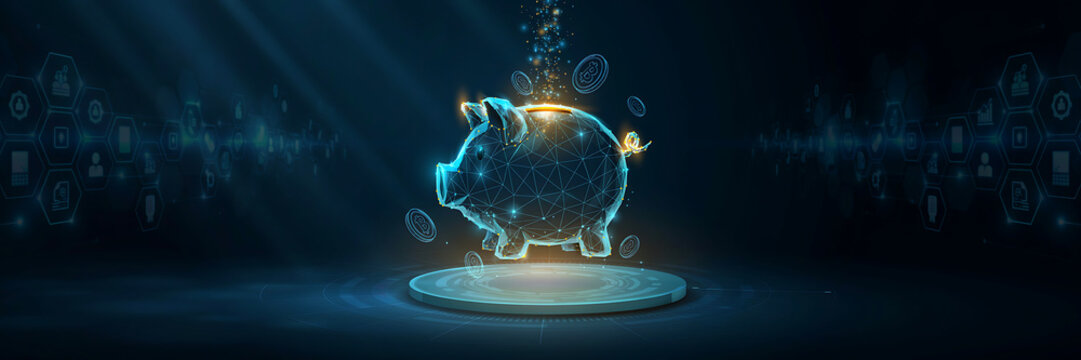Digital glowing piggy bank on a circular platform with floating coin and financial data symbols in a dark blue background environment