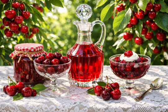 Homemade Cherry Jam Liqueur and Dessert in an Orchard Summer Fruit Harvest Celebration with Cherry Delicacies