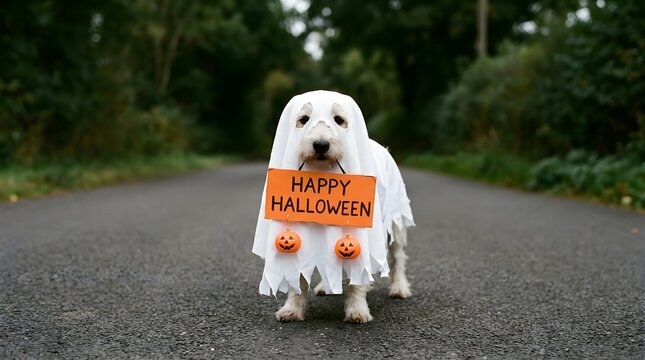 Adorable dog dressed as ghost for halloween with happy halloween sign