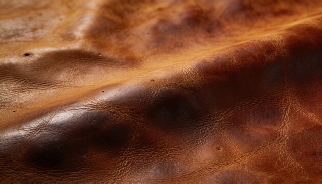 Macro view of weathered tan leather fabric surface. High quality antique distressed leather backdrop for craft product placement.