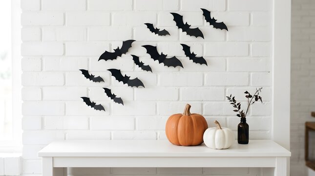 Halloween decorations with black bats pumpkins and vase on white bench against white brick wall