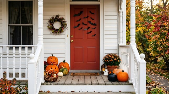 Festive halloween porch display with pumpkins fall wreath and bats on a vibrant red front door