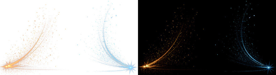 Abstract gold and blue particle wave overlay, twin glowing magic stardust trails on black and white background wide banner. Cinematic minimalist neon light beam energy splash effect © Olga