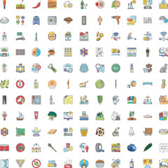 Fototapeta premium Large grid displaying a wide array of colorful flat line icons, illustrating common objects, activities, concepts, food, technology, and health themes for digital design