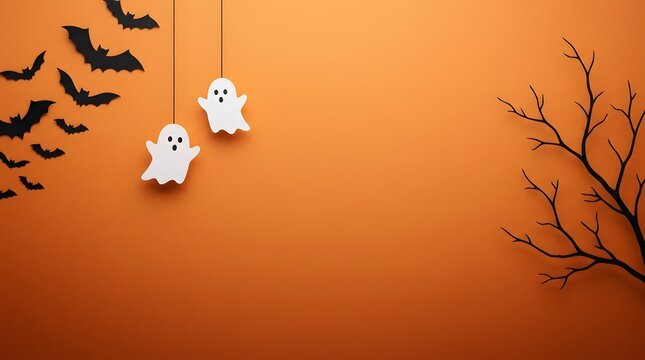 Halloween decorations with ghost and bat cutouts on orange background