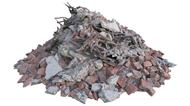 Pile of broken bricks and concrete debris, isolated on transparent background