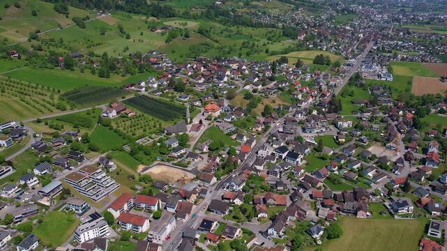 Aerial panoramic view above the downtown beside the city Marbach in Switzerland on a sunny summer noon. 