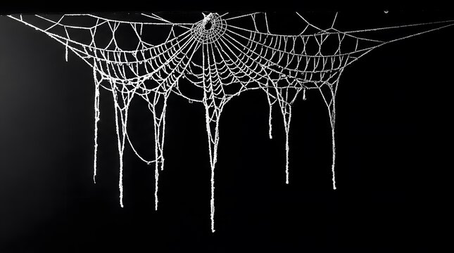 Intricate ice covered spider web on black background
