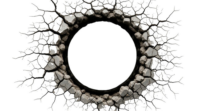 Cracked concrete circle breaking apart with radiating fissures during daylight isolated on transparent background