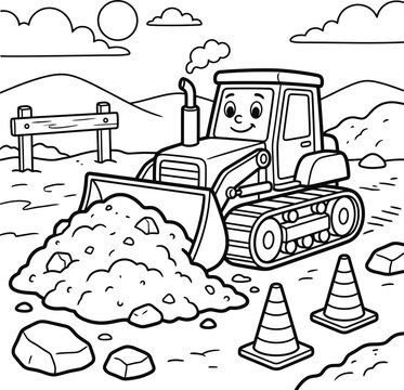 Cute cartoon bulldozer character on construction site, coloring page vector.