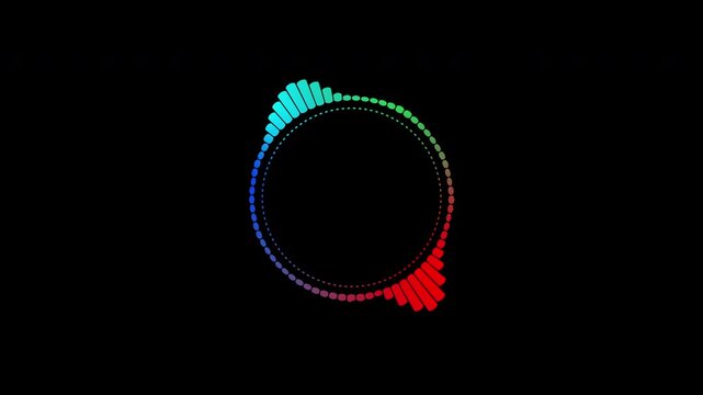 A beautiful circular interface, speech bubbles, music, sound spectrum, equalizer, 4K video, and animated sound waveforms on a black and white background.