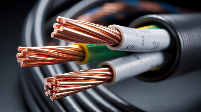 Exposed electrical cable with copper wires macro photograph power wiring