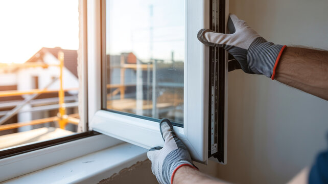 Window installation with gloved hands interior construction photography fitting frame