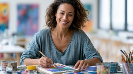 Fototapeta premium Female artist with curly hair painting on canvas in a bright studio filled with art supplies and colorful artwork displayed on the walls