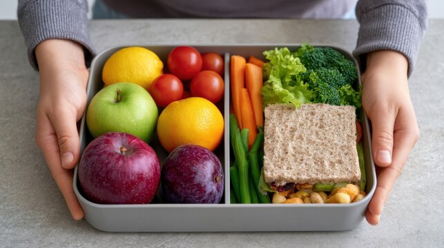 Healthy lunchbox filled with fresh fruits, vegetables, and a sandwich held by hands, suitable for back to school or college meal preparation
