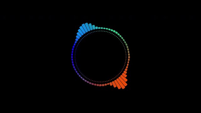 A beautiful circular interface, speech bubbles, music, sound spectrum, equalizer, 4K video, and animated sound waveforms on a black and white background.