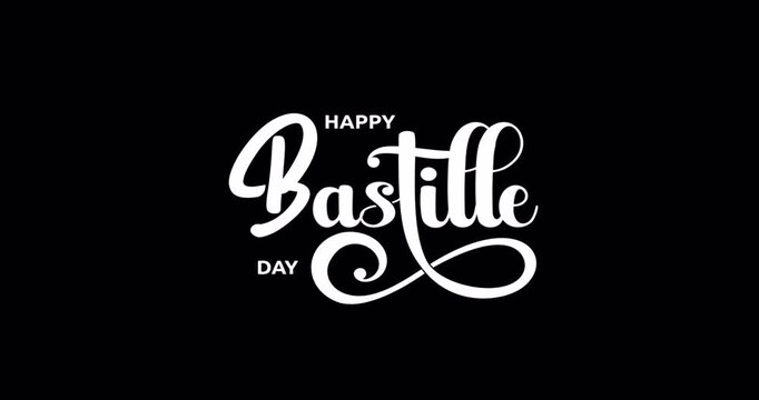 Happy bastille day handwritten text animation in white color with alpha channel. Great for a french holiday celebrate,  and social media post. Easy to use into any content. Transparent background. 