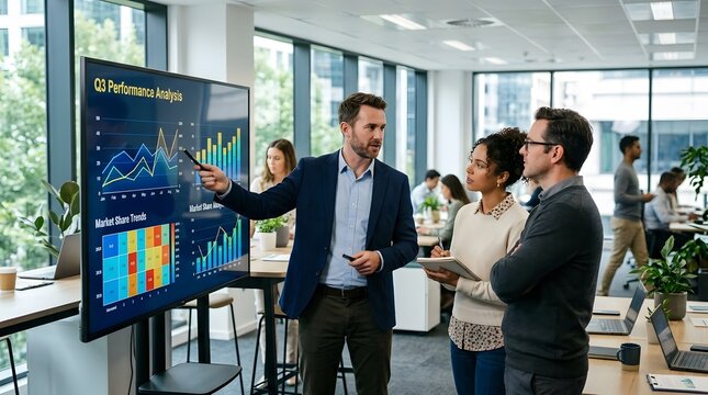 Business team analyzing performance dashboard in office