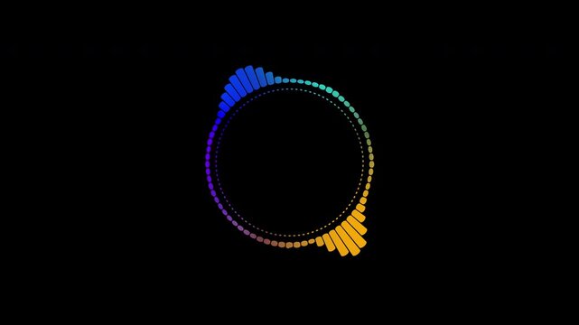 A beautiful circular interface, speech bubbles, music, sound spectrum, equalizer, 4K video, and animated sound waveforms on a black and white background.