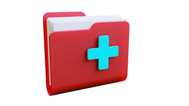 Red folder with blue plus symbol and white papers, isolated on transparent background