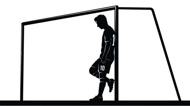 Soccer player silhouette leaning against goal post, disappointed football athlete after losing game, sad sportsman vector illustration