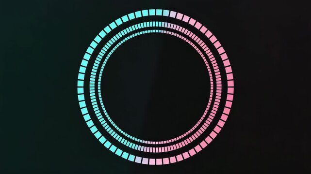 A futuristic digital sound equalizer or data visualization with glowing pink and blue segmented circles on a dark background representing progress or technology 4k video