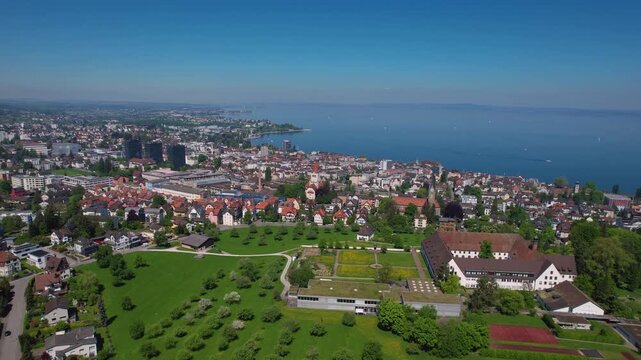 Aerial panoramic view above the downtown beside the city Rorschach in Switzerland on a sunny summer noon. 