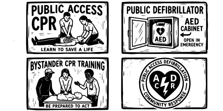 Public Access CPR Linocut Black White-AED Cabinet Bystander Community Train-Public Defib Vector-Public Icon Linocut-CPR Design Set