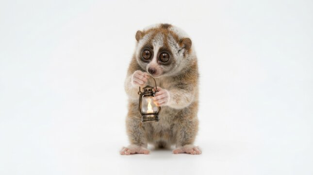 Slow loris holding small lantern on white studio background for whimsical animal poster and children's book artwork