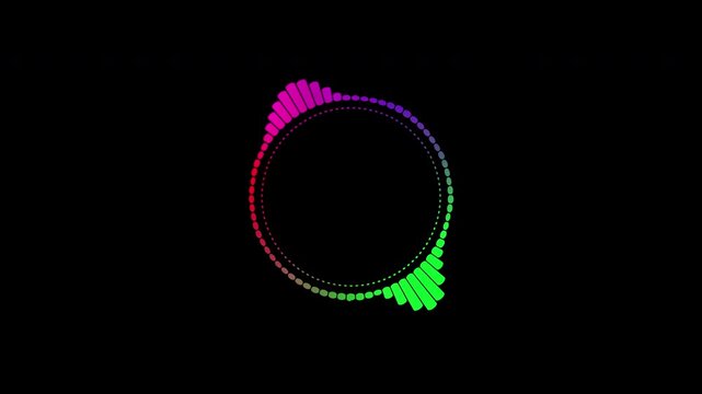 A beautiful circular interface, speech bubbles, music, sound spectrum, equalizer, 4K video, and animated sound waveforms on a black and white background.