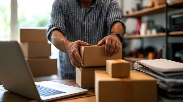 A person carefully stacks cardboard boxes on a wooden desk next to an open laptop and paperwork