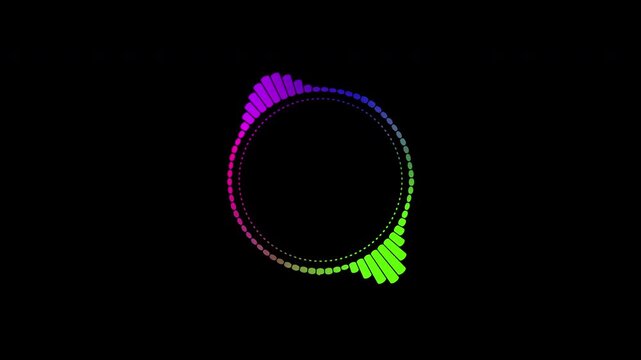 A beautiful circular interface, speech bubbles, music, sound spectrum, equalizer, 4K video, and animated sound waveforms on a black and white background.