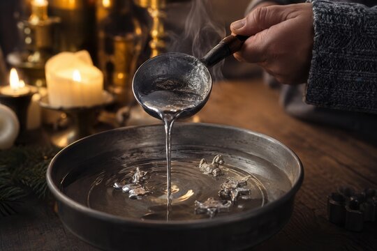 Traditionelles Bleigie&szlig;en zu Silvester: Eine Hand gie&szlig;t geschmolzenes Metall in eine Schale mit Wasser, um symbolisch die Zukunft im neuen Jahr zu deuten.