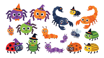 Fototapeta premium Cute Creepy Halloween Spider and Insect Characters Vector Set, Friendly Bug Sticker Collection Isolated on White Background