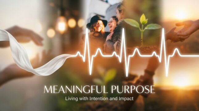 Meaningful purpose concept with heartbeat waveform over images of community growth hands and seedling for presentation slide or poster about living with intention and impact